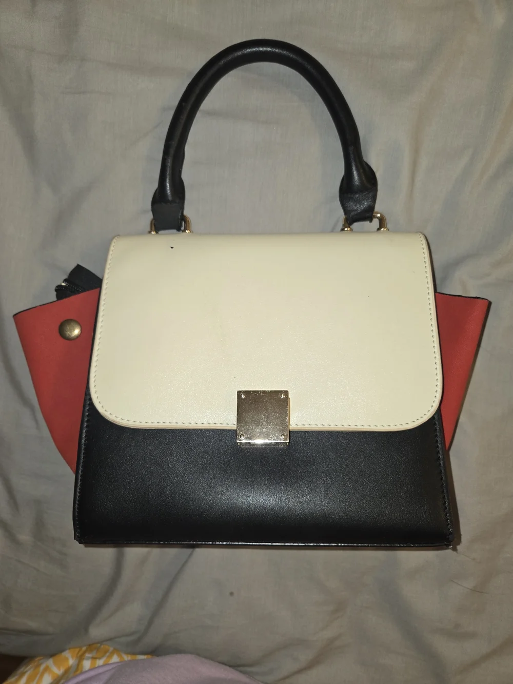 Classic Tricolor Top-Handle Satchel - Black, Cream & Red